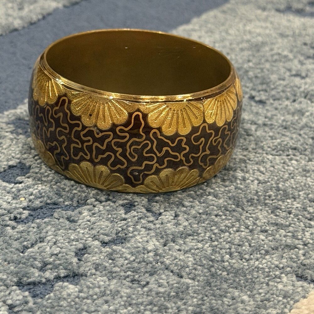 Vintage Wide Gold Tone Floral Enamel Bangle Bracelet Brown Statement Bracelet